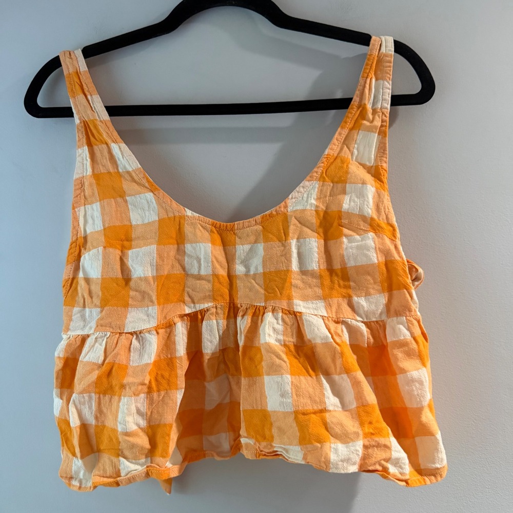 Anthropologie Tank Top Women Small Orange Gingham Excellent Peplum Side Tie